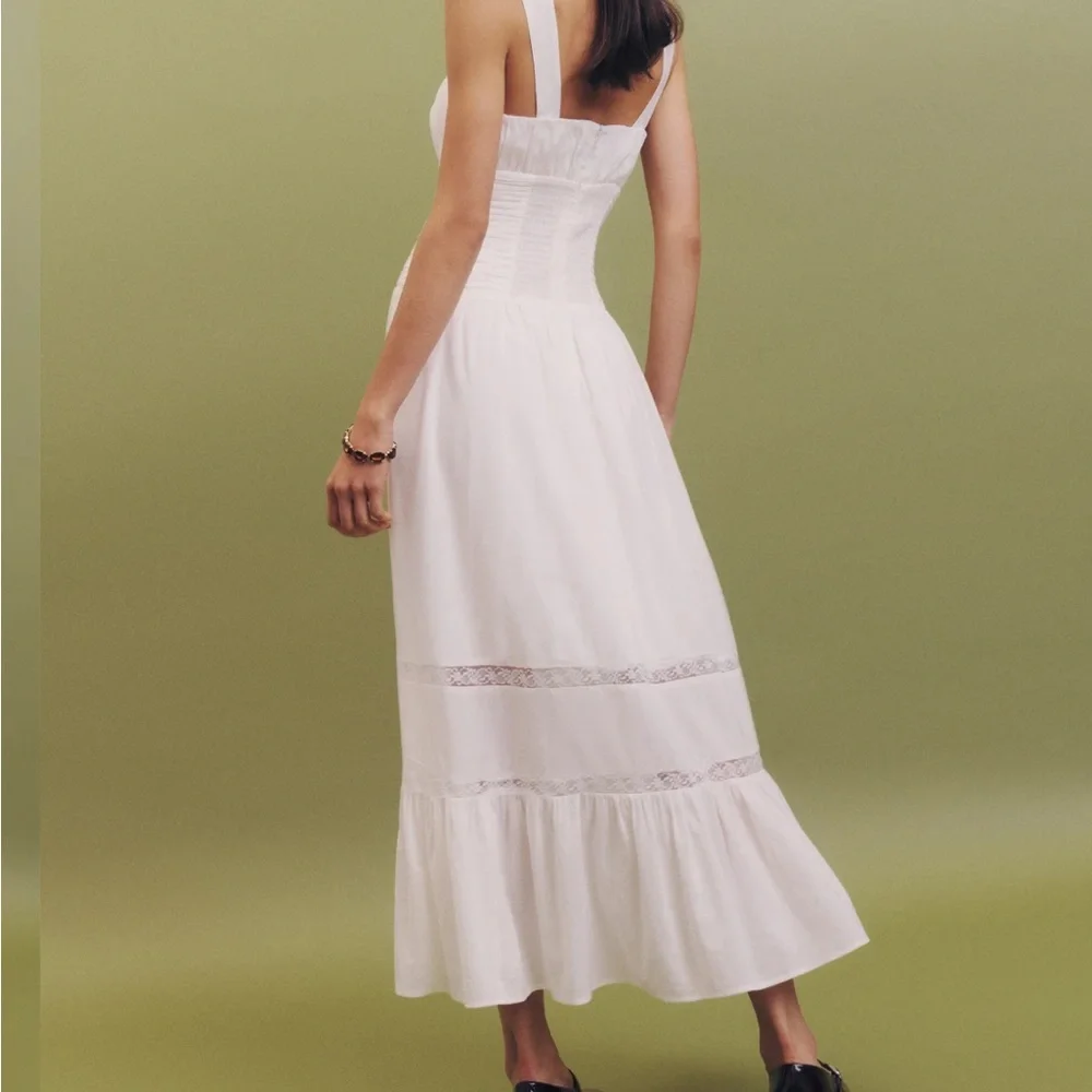 Reformation White Sleeveless Ruffled Bust Midi Dress - Picture 2 of 7